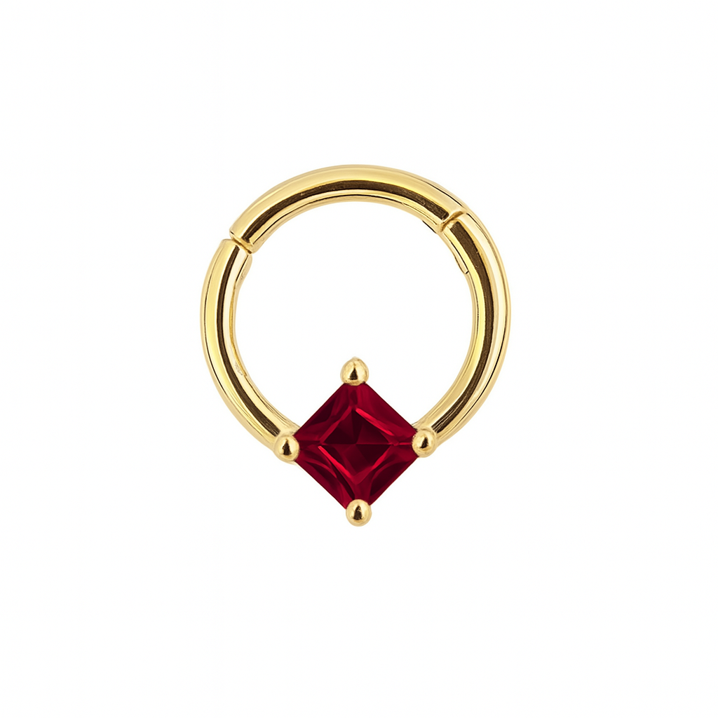 Square Red Genuine Ruby Hinged Nose Ring Septum Clicker Daith Helix Conch Rook Seam Hoop 14k Gold