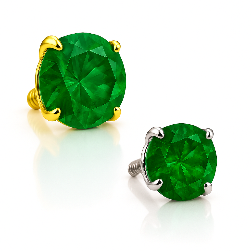 14K solid gold dermal top with genuine emerald gemstone, fine piercing jewelry