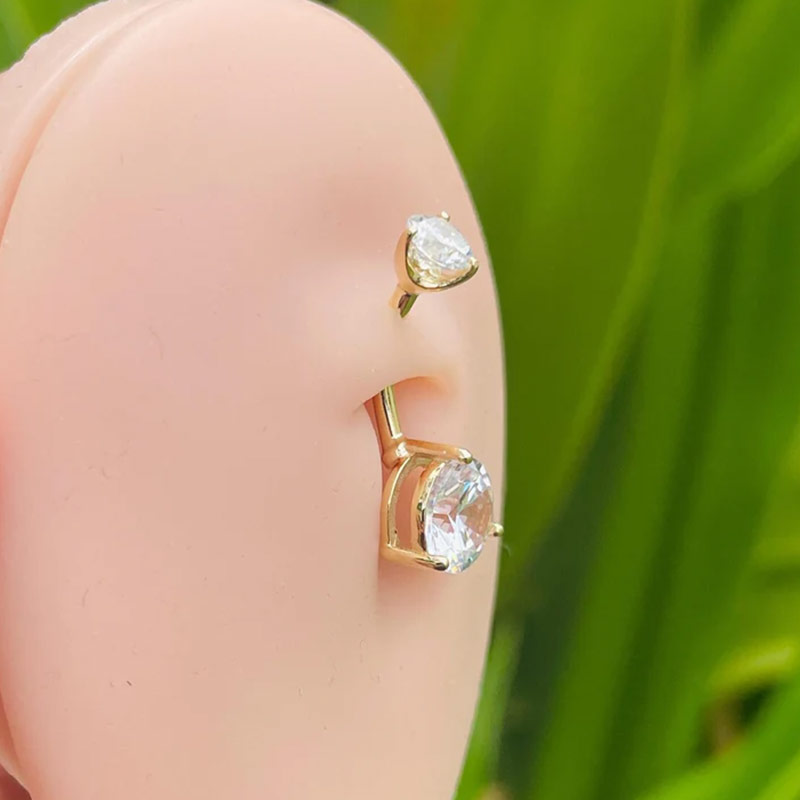 14k Gold Belly Button Ring Navel Ring 2 Round Certified Lab Created Diamonds Solid Gold Piercing Jewely