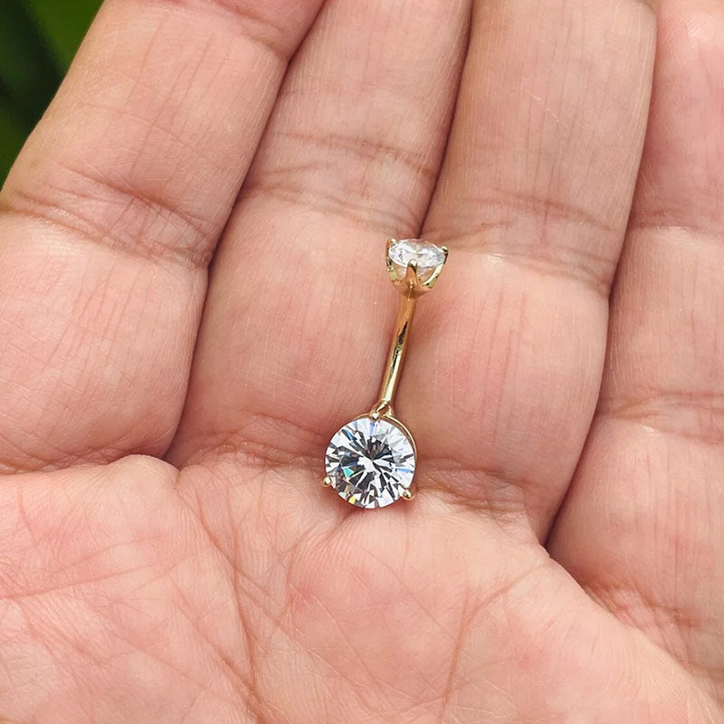 14k Gold Belly Button Ring Navel Ring 2 Round Certified Lab Created Diamonds Solid Gold Piercing Jewely
