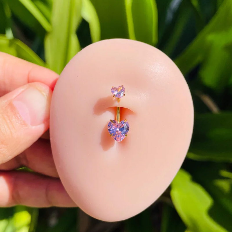 14k Gold Belly Button Ring Navel Ring Heart Shape Genuine Pink Sapphire Solid Gold Piercing Jewely