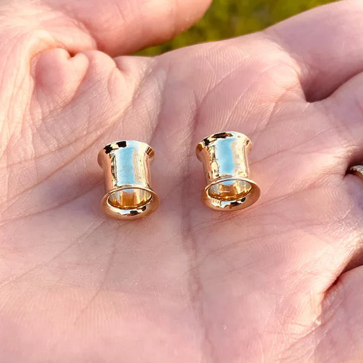 18K Gold Double Flared Tunnel Ear Gauges Flesh Tunnles Hypoallergenic