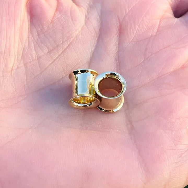 18K Gold Double Flared Tunnel Ear Gauges Flesh Tunnles Hypoallergenic