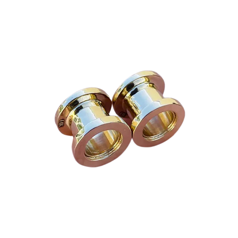 14k Solid Gold Gauges Ear Plugs Double Flared Screw Fit Flesh Tunnels With Diamonds
