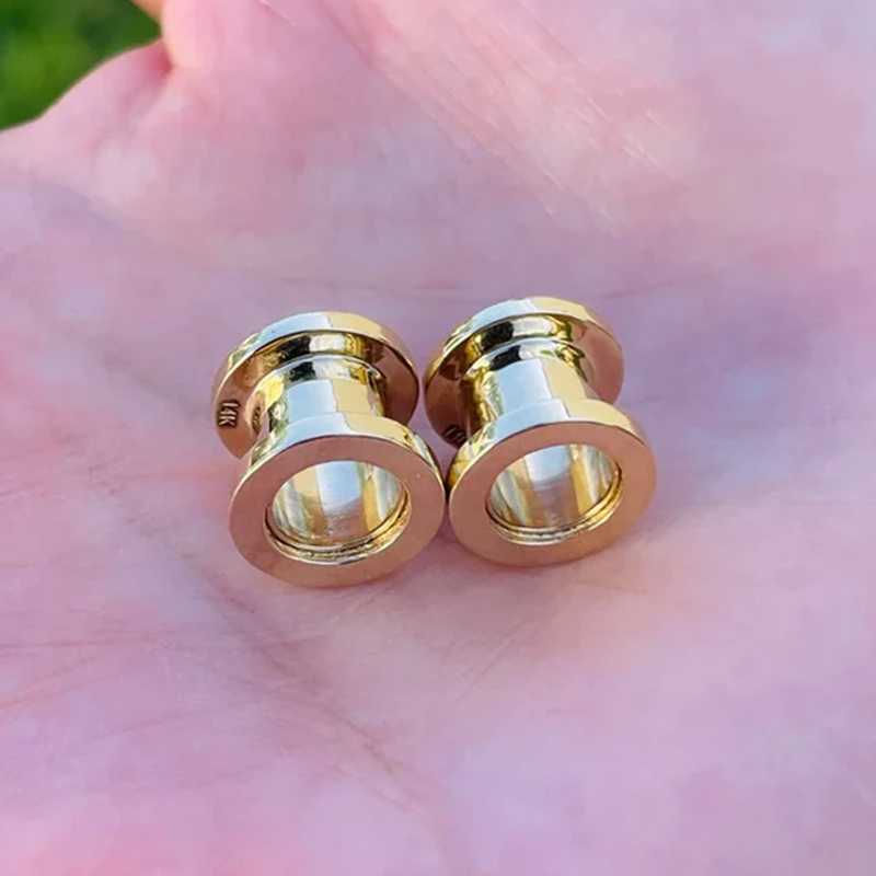 14k Solid Gold Gauges Ear Plugs Double Flared Screw Fit Flesh Tunnels With Diamonds