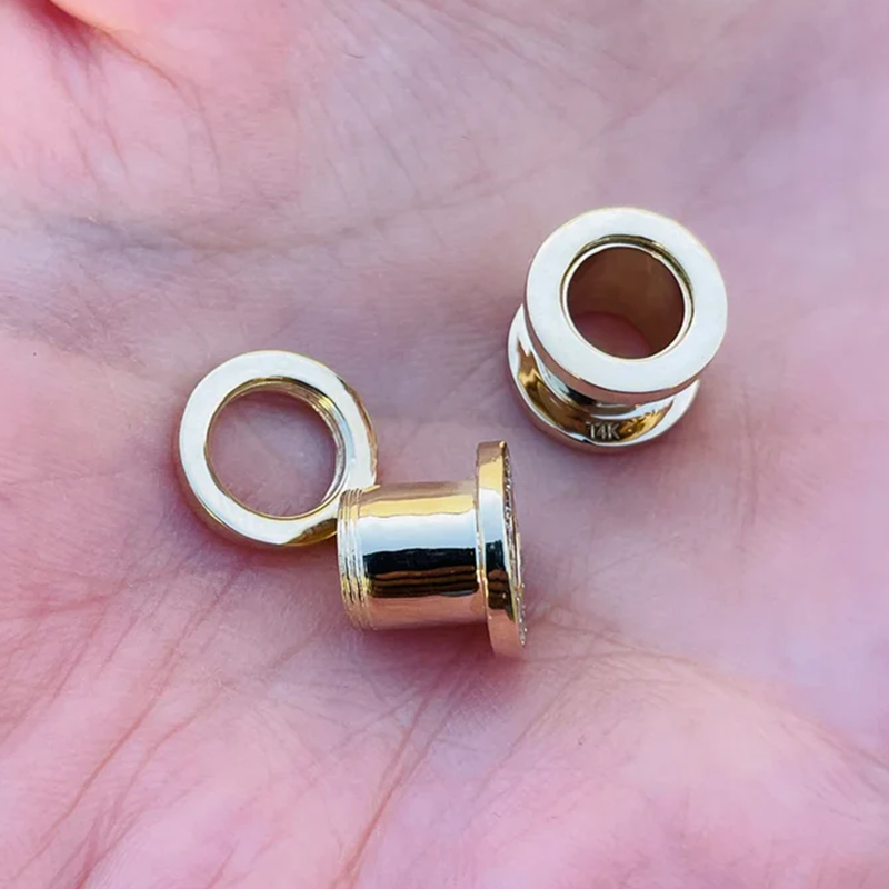 14k Solid Gold Gauges Ear Plugs Double Flared Screw Fit Flesh Tunnels With Diamonds