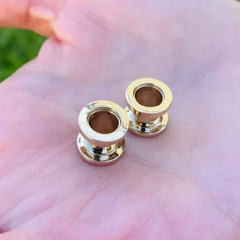 14k Solid Gold Gauges Ear Plugs Double Flared Screw Fit Flesh Tunnels With Diamonds