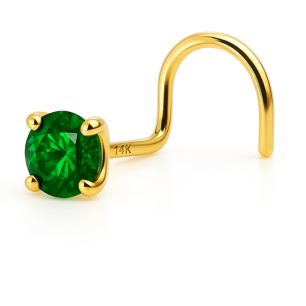 Side view of 14K solid gold nose ring screw with round green emerald, 20g piercing jewelry