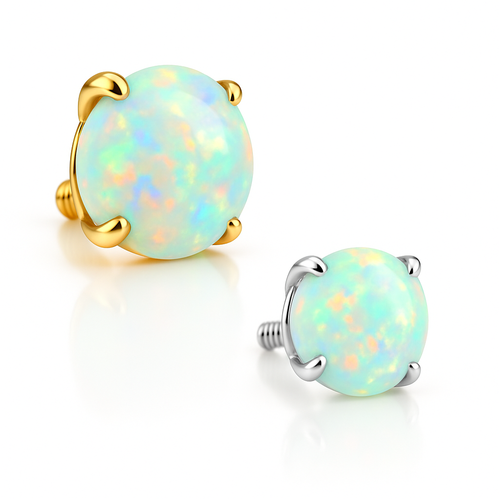 14K solid gold dermal top with genuine opal gemstone, fine piercing jewelry