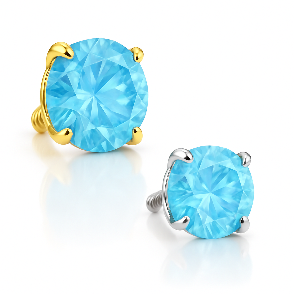 14K solid gold dermal top with genuine aquamarine gemstone, fine piercing jewelry