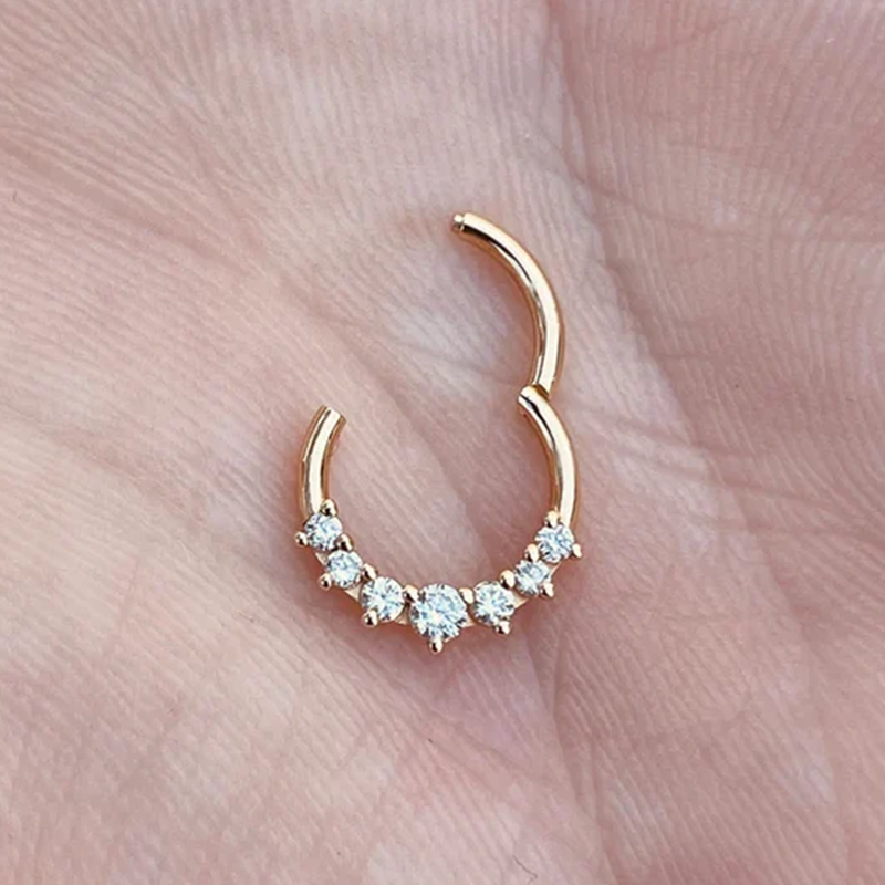 16G Hinged Nose Ring Septum Clicker Daith Hoop With 7 Natural Diamonds 14k Solid Gold