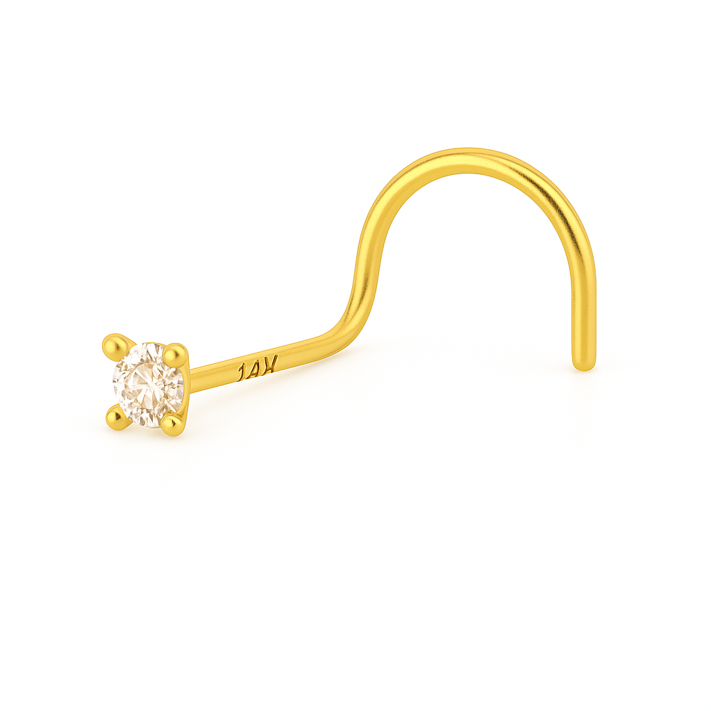 Nose Ring Screw 22g With 3mm Round Natural Diamond 14K Solid Yellow Gold