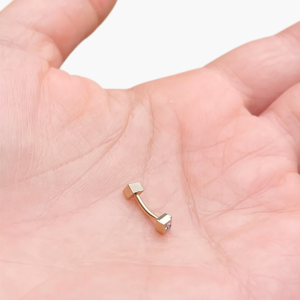 14k Gold Curved Barbell 16G 3mm Basel set Square Natural Diamonds for Tragus Rook Daith Eyebrows Piercing Jewelry