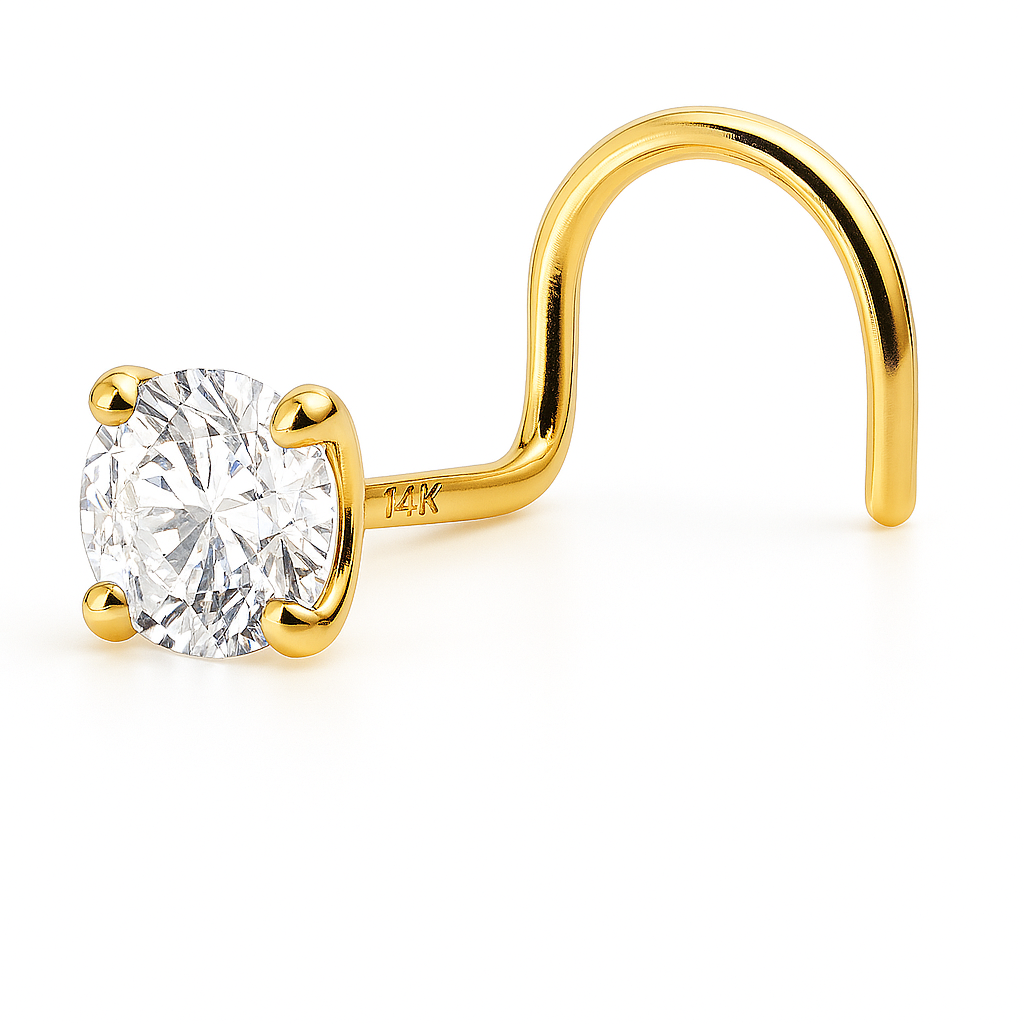 4mm CZ Nose Ring Fish Hook 14K Solid Yellow Gold 20 Gauge