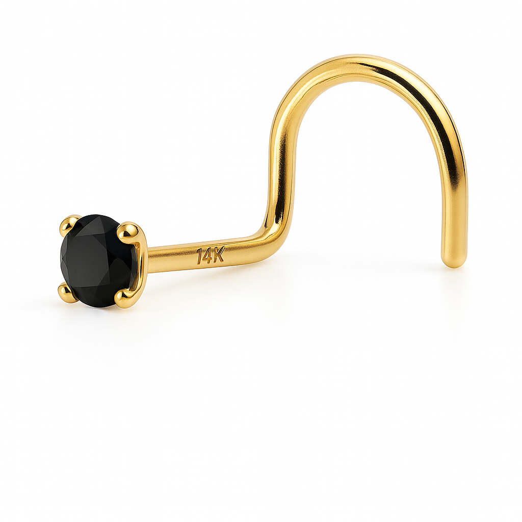 Nose Ring Screw 20g 2mm Round Black Natural Diamond 14K Solid Yellow Gold