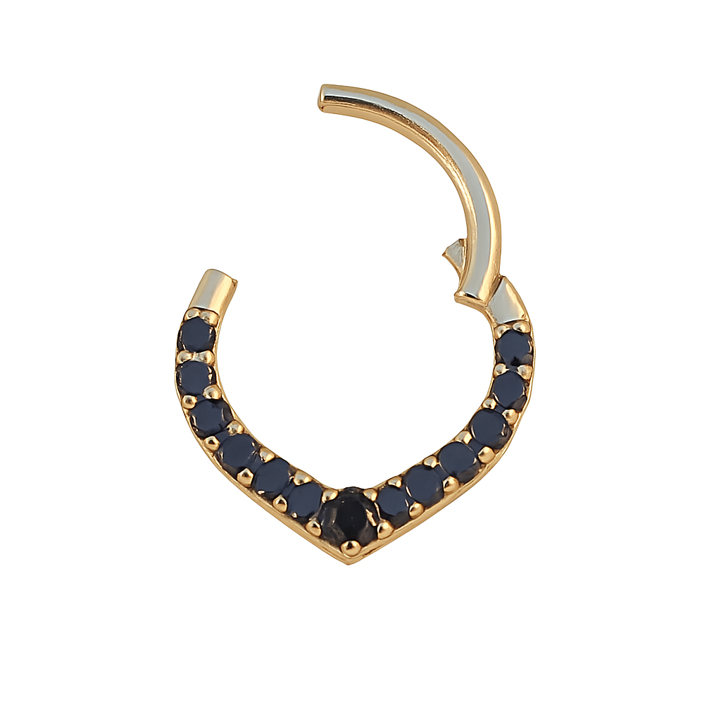 14k Gold Chevron Septum Ring Clicker Daith Jewelry With Black Diamonds Seam Ring