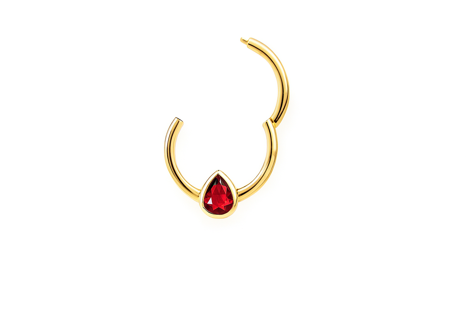 Pear Shape Red Ruby Hinged Nose Ring Septum Clicker Daith Helix Conch Rook Hoop 14k Gold