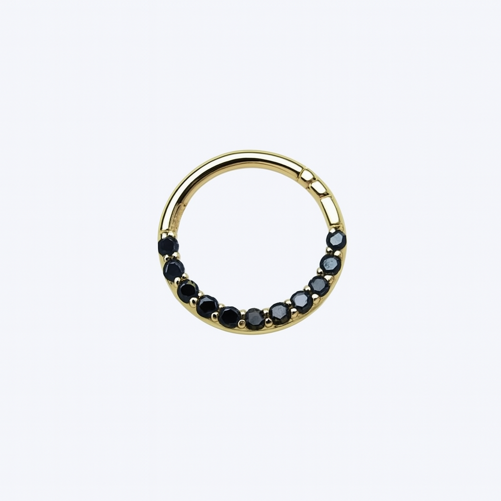 Septum Ring Clicker With Black Natural Diamonds Sleeper Jewelry 14k Gold Nose Jewlery