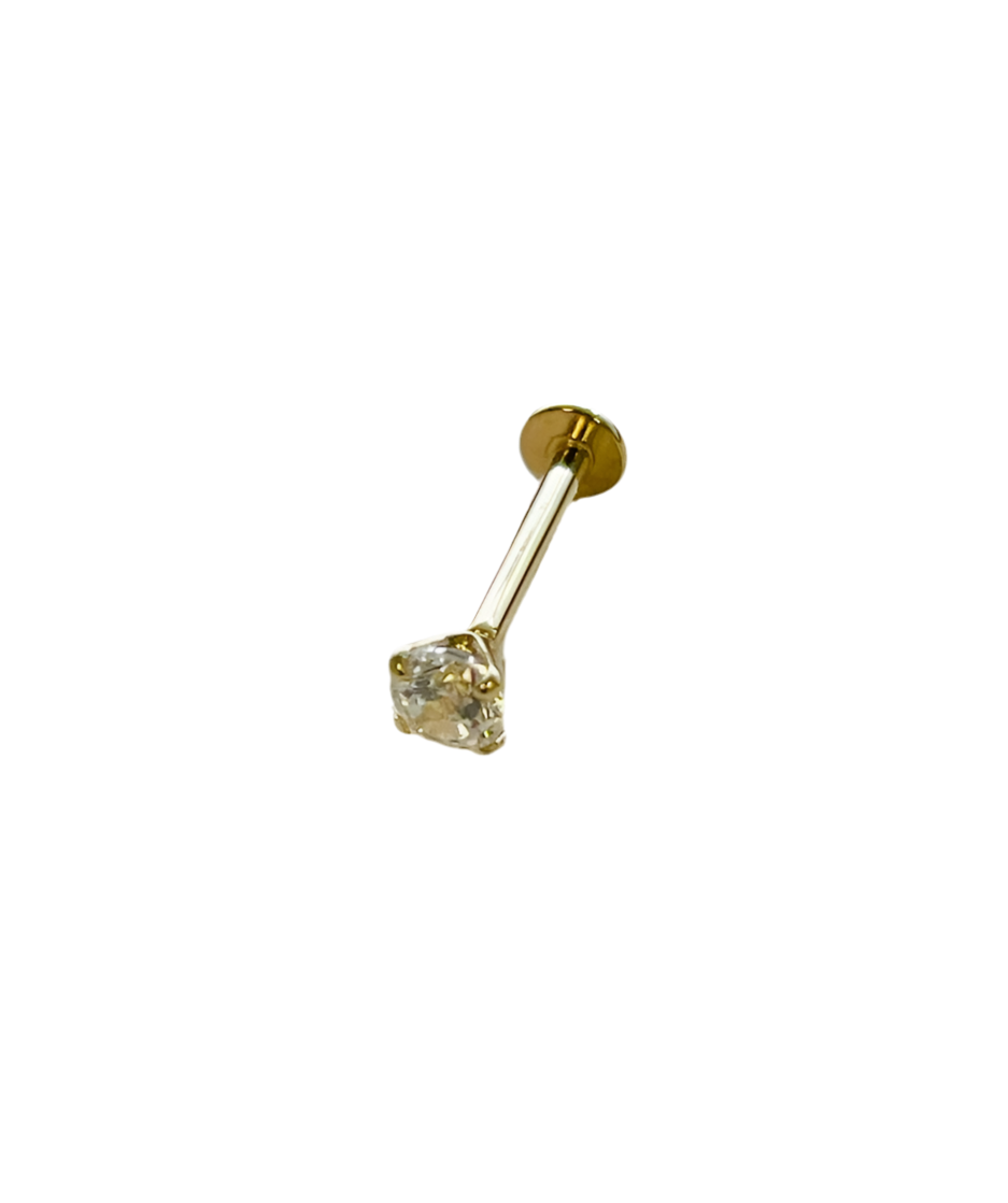 Internally Treaded Labret 16G With 3mm Natural Diamond 14K Solid Yellow Gold