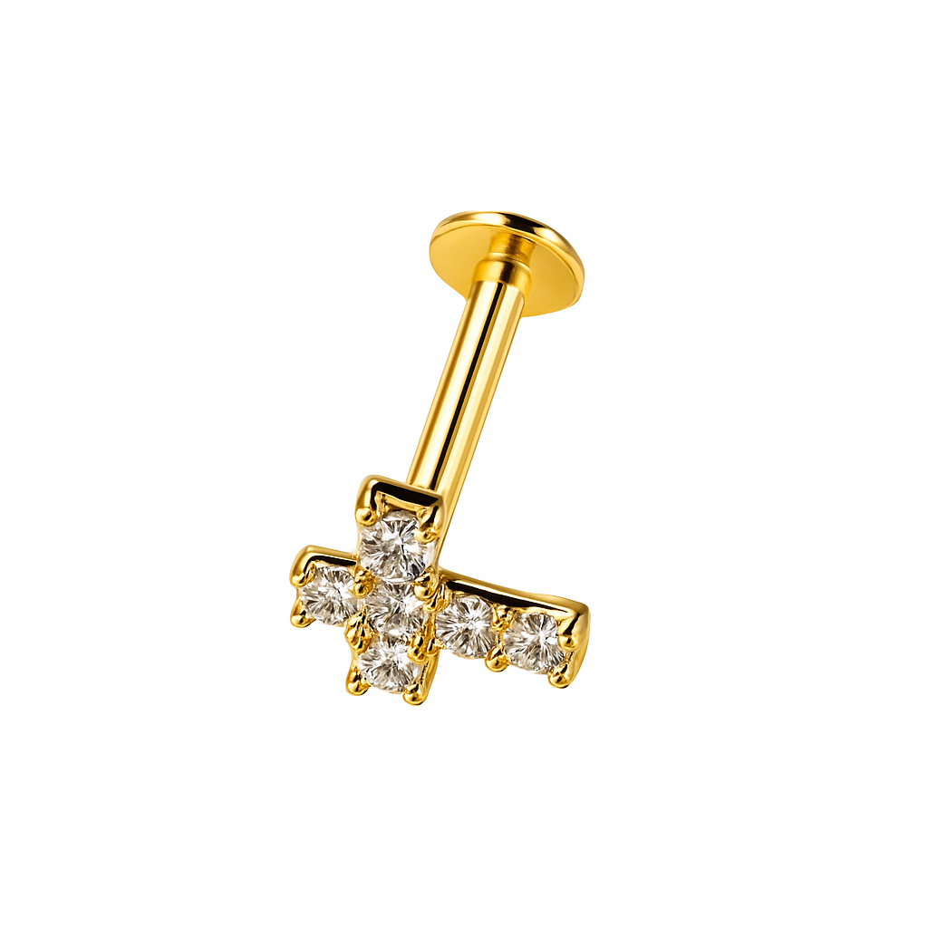 Push In Threadless Labret Ear Stud Cross Designed Natural Diamonds 14K Solid Yellow Gold