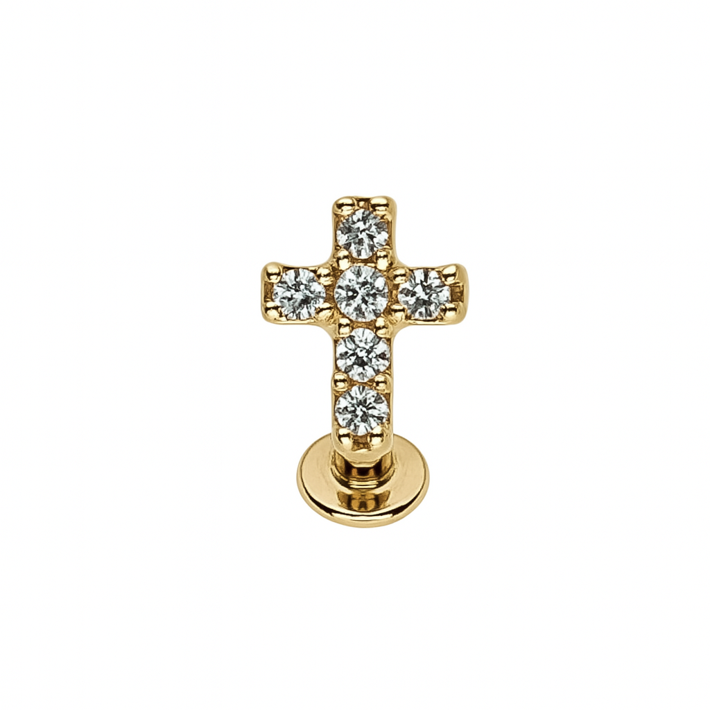 Push In Threadless Labret Ear Stud Cross Designed Natural Diamonds 14K Solid Yellow Gold