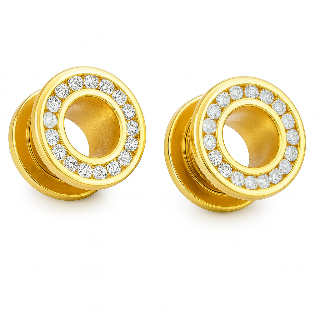 Ear Gauges 14k Solid Gold Ear Plugs Double Flared Screw Fit Flesh Tunnels With Diamonds