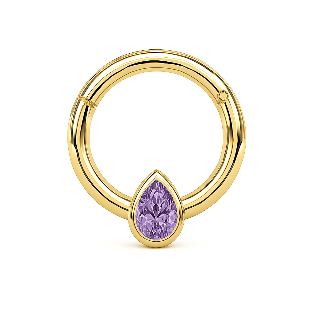 Pear Shape Lavender Sapphire Hinged Nose Ring Septum Clicker Daith Helix Conch Rook Hoop 14k Gold