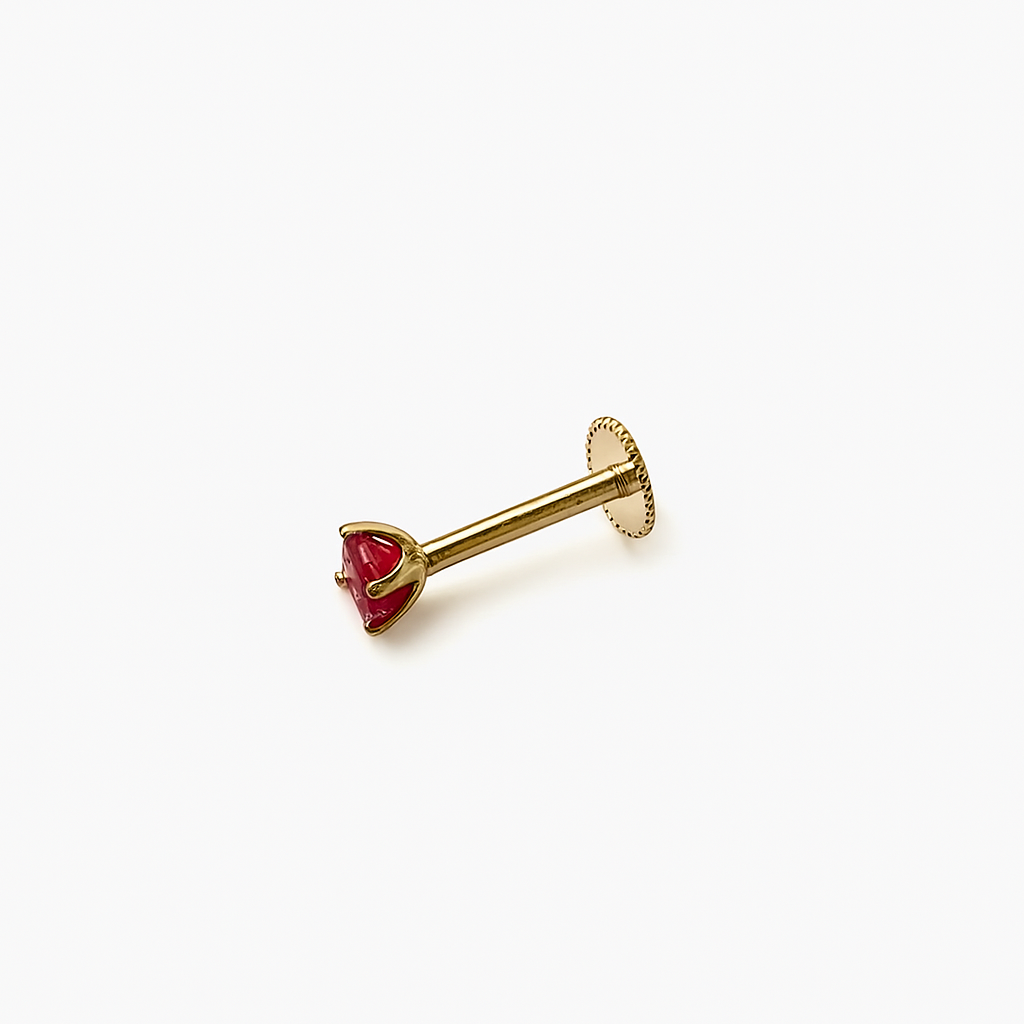 Internally Treaded Labret Monreo Stud 18g With 3mm Genuine Ruby 14K Solid Yellow Gold