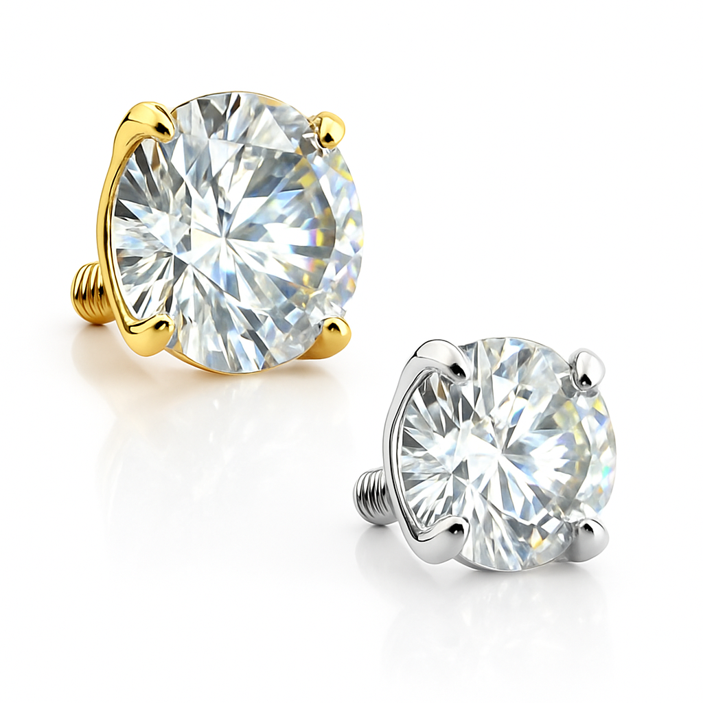 14K solid gold dermal anchor stud with 5mm natural diamond, luxury piercing jewelry