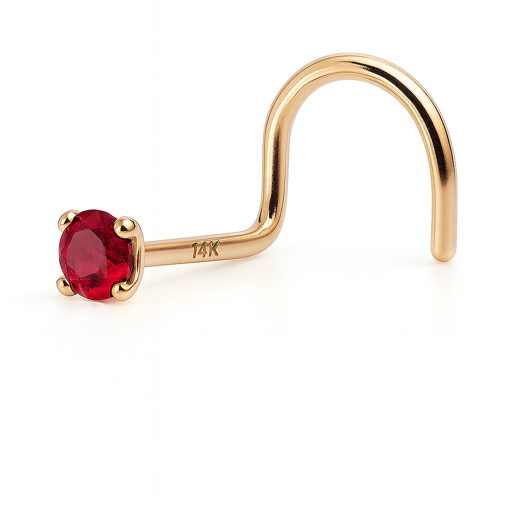 Nose Ring Screw 20g 3mm Natural Ruby 14K Solid Yellow Gold