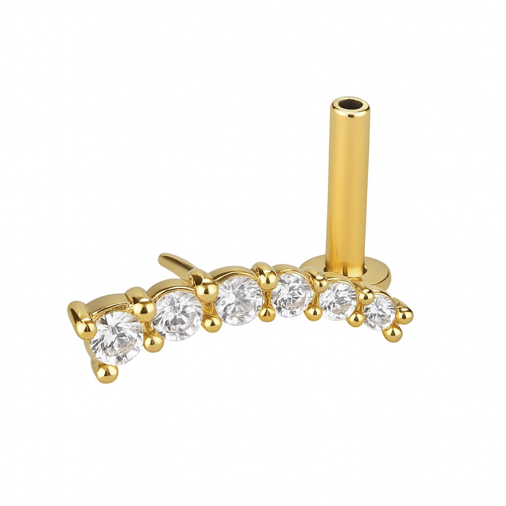 Helix Ear Push In Threadless Climber Stud 7 Natural Diamonds 14K Solid Yellow Gold