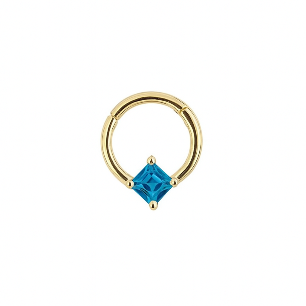 Square London Blue Topaz Hinged Nose Ring Septum Clicker Daith Helix Conch Rook Seam Hoop 14k Gold