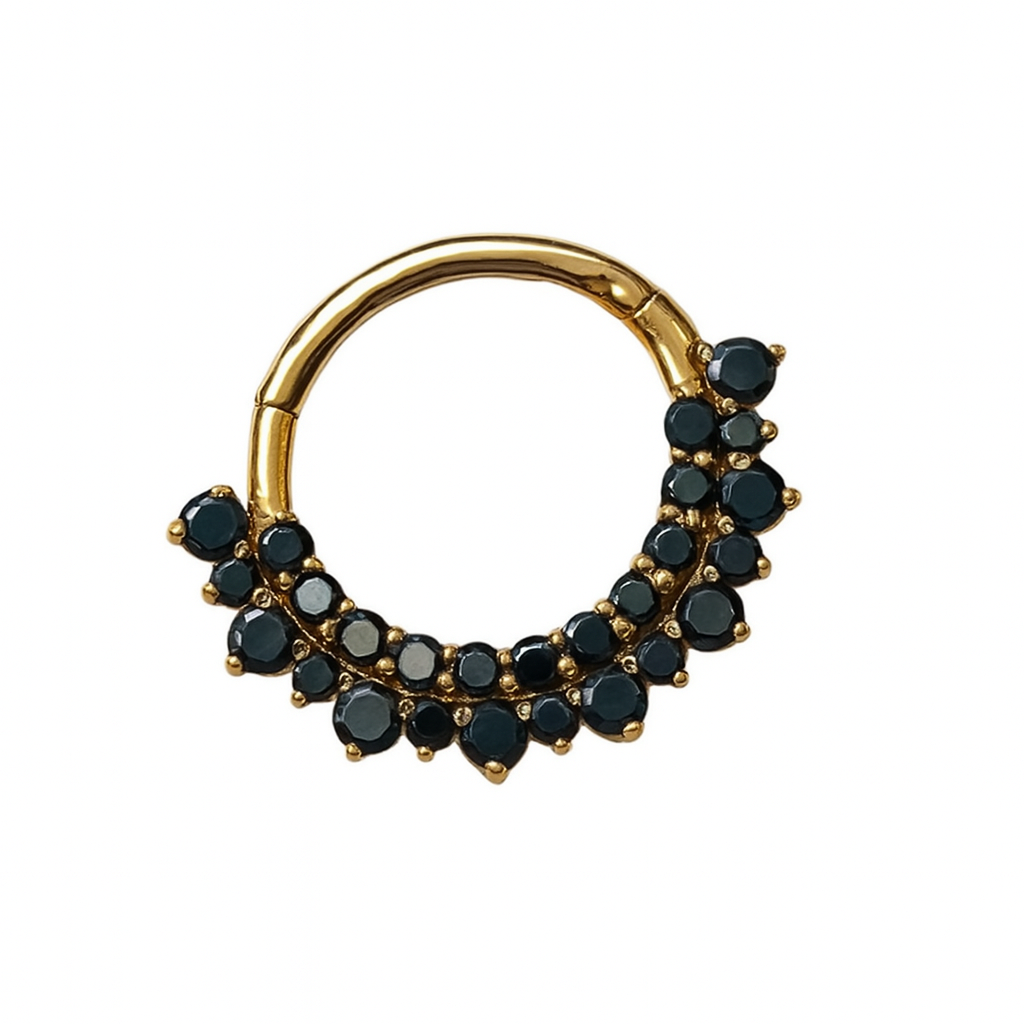 Double Row Black Diamonds Hinged Nose Jewelry Septum Rook Ear Daith Helix Clicker 14k Solid Gold