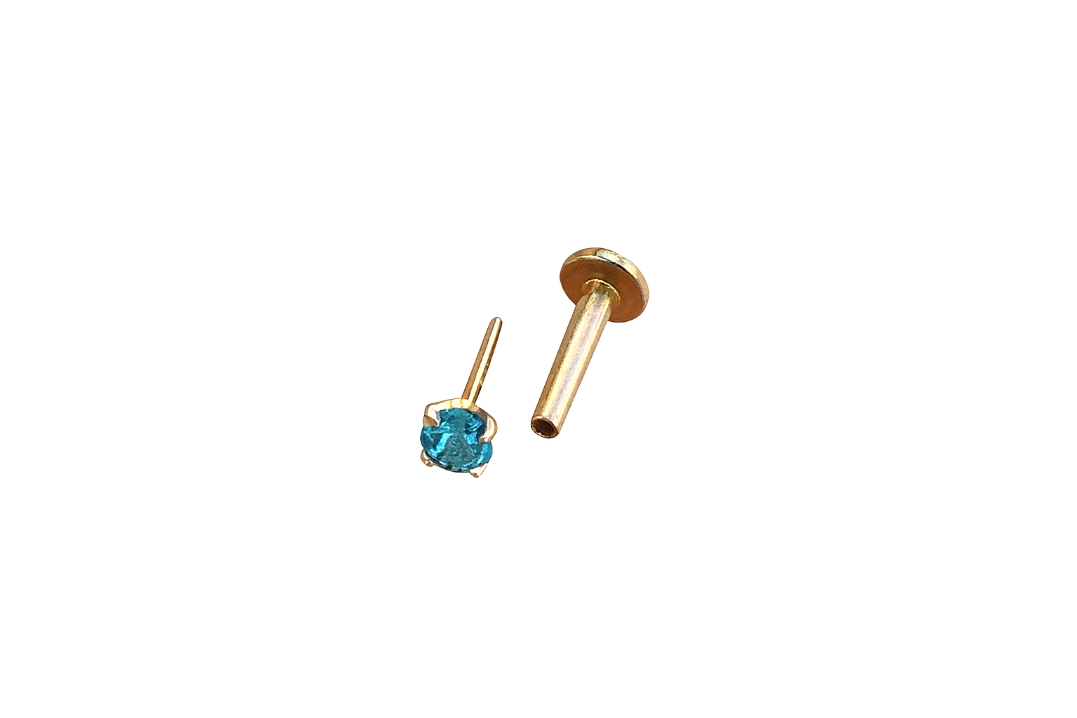 Treadless Push In Tragus Cartlige 16G Or 18G 3mm Genuine Aqua Sapphire 14K Yellow Solid Gold