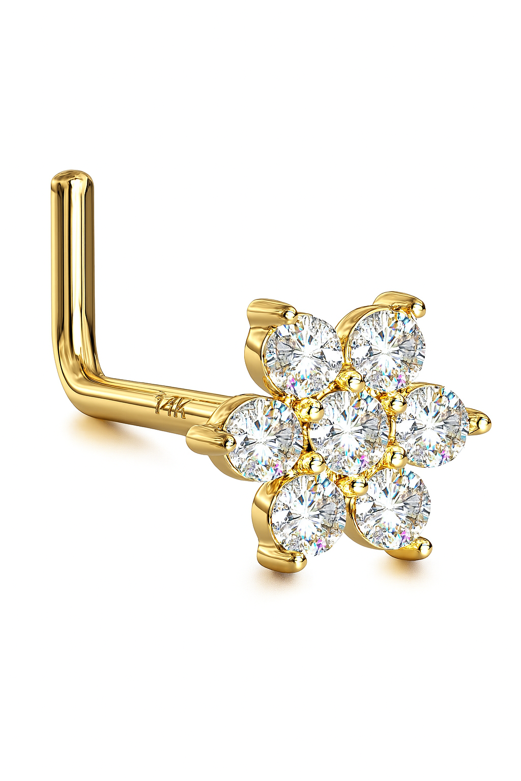 Flower Natural Diamond Nose Ring L Shape 14K Solid Gold 20 Gauge