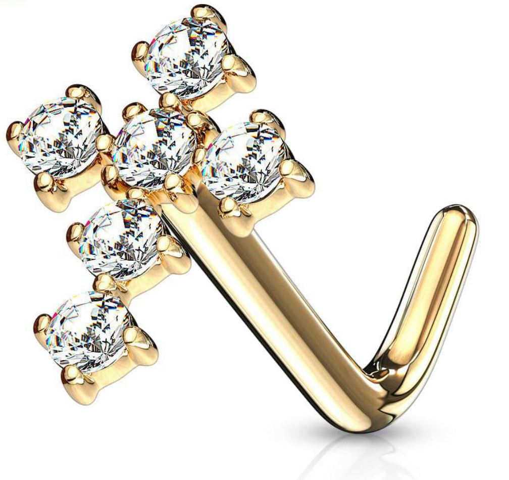 Cross Nose Ring Natural Diamond L Shape 14K Solid Gold 20 Gauge
