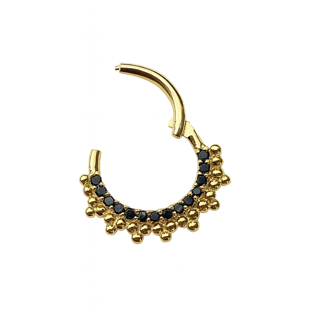 Beads and Black Natural Diamonds Nose Ear Jewelry Daith Helix Conch Septum Clicker Hoop 14k Gold