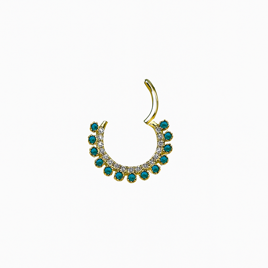 Natural Diamonds and turquoise Hinged Nose Jewelry Septum Ear Clicker Hoop 14k Solid Gold