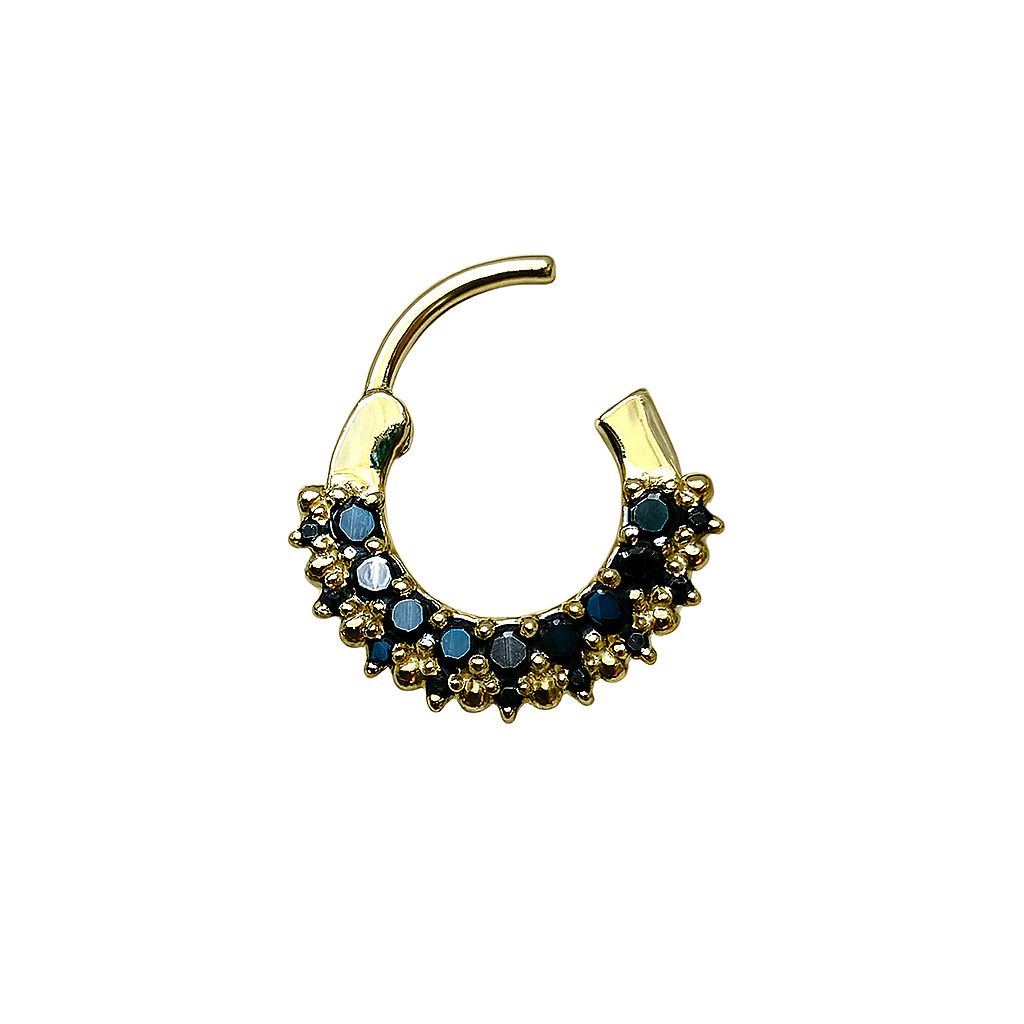 Double Row Black Diamonds Hinged Nose Jewelry Septum Ear Clicker 14k Solid Gold Daith and Conch Piercing