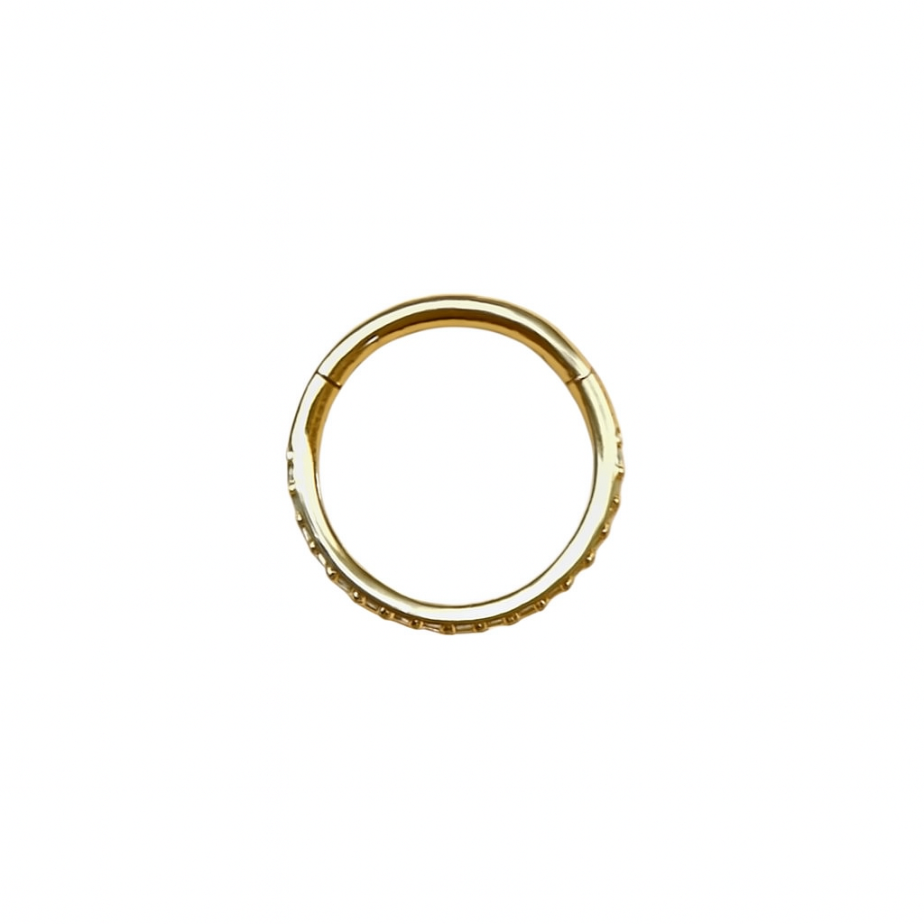 Front view of 14K gold helix ear clicker hoop with side set natural diamonds