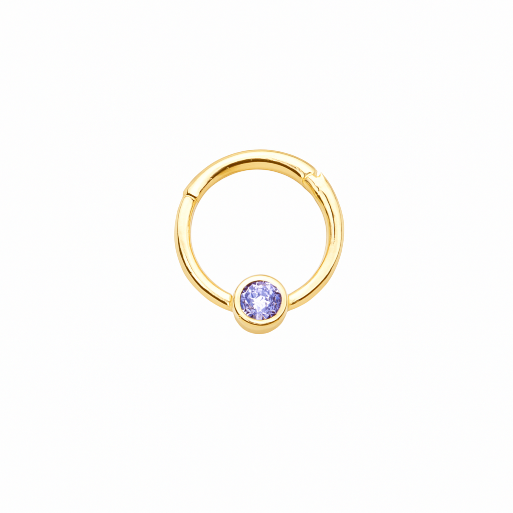 Single Lavender Sapphire Bazel Hinged Nose Ring Septum Clicker Daith Helix Conch Hoop 14k Gold