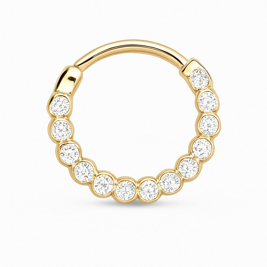 Septum and Ear Clicker Daith Hinged Hoop With 2mm Genuine Diamonds Bezel Setting 14k Solid Gold
