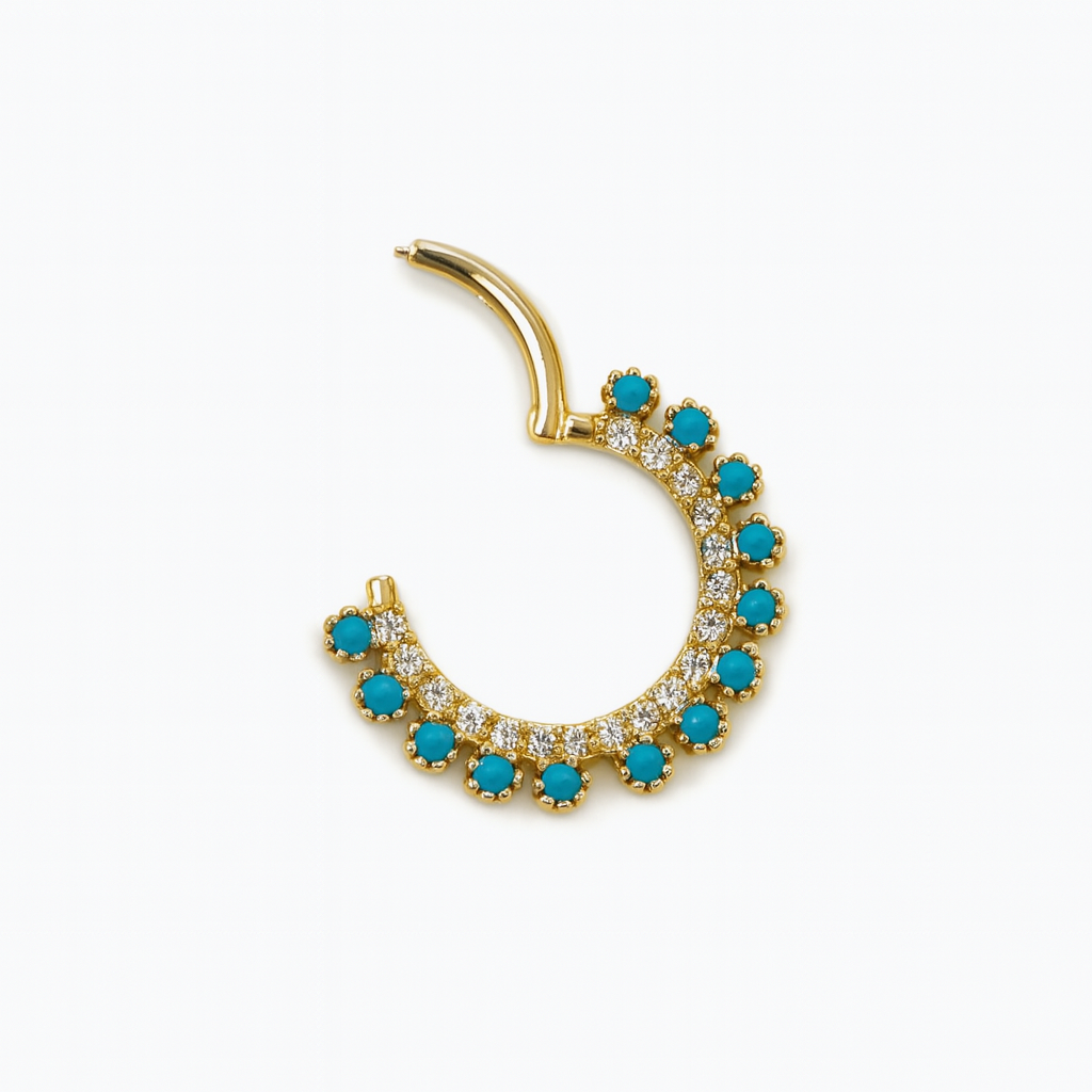 Natural Diamonds and turquoise Hinged Nose Jewelry Septum Ear Clicker Hoop 14k Solid Gold