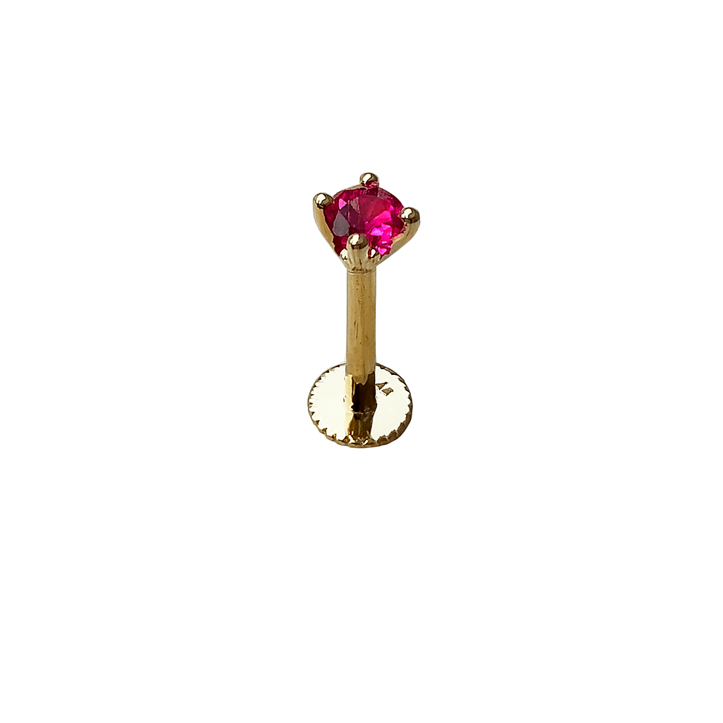 Internally Treaded Labret Monreo Stud 18g With 3mm Genuine Ruby 14K Solid Yellow Gold
