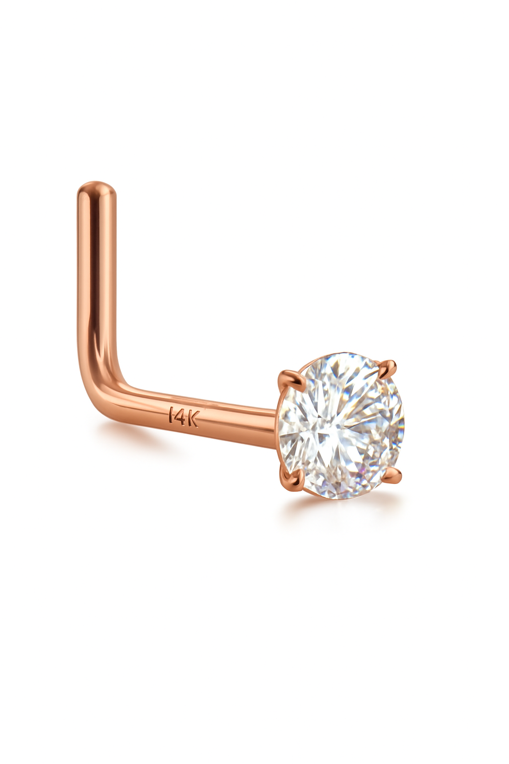 Nose Ring L Shape 20g With Cubic Zarconia Diamond 14K Solid Gold