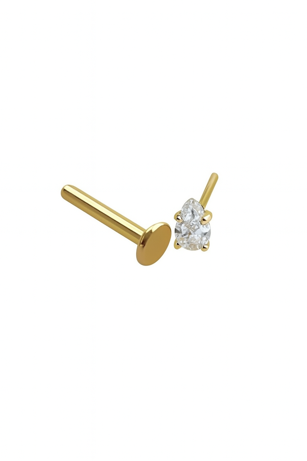 Pear Shape Push In Labret Rook Helix Piercing Stud 16G Or 18G Natural Diamond 14K Yellow Gold