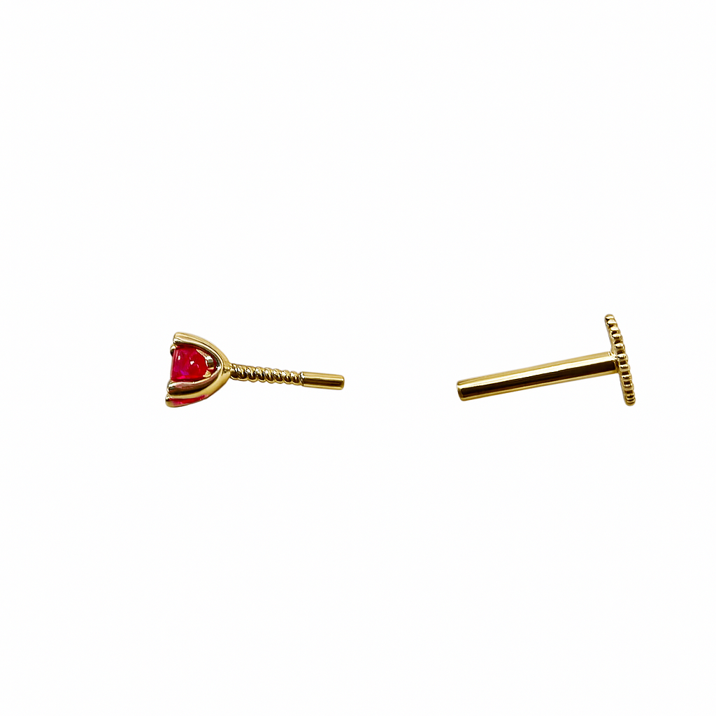 Internally Treaded Labret Monreo Stud 18g With 3mm Genuine Ruby 14K Solid Yellow Gold