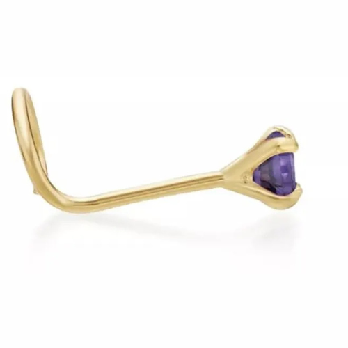 Side profile of 14K solid yellow gold nose ring screw featuring genuine purple sapphire