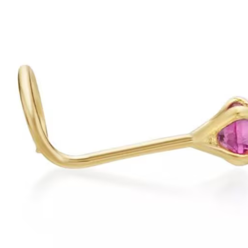 Side profile of 14K solid gold nose ring screw featuring genuine pink sapphire