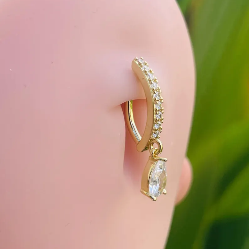 14k Gold Belly Button Ring Navel Ring Pear Shape Diamond Solid Gold